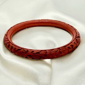Vintage Chinese Carved Red Cinnabar Lacquer Bangle Bracelet 8” Floral Motif